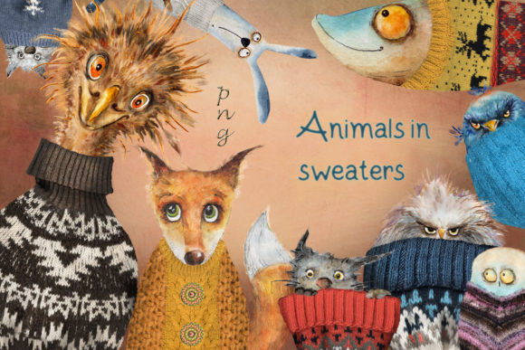Charming Illustrations of Animals in Sweaters for Creative Projects