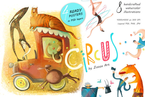 Circus - 8 Illustrations, 4 Posters: Bright, Handcrafted Watercolor Art