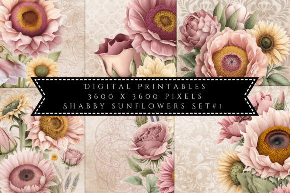 Shabby Sunflower Illustrations Set 1: Vintage Charm for Modern Design